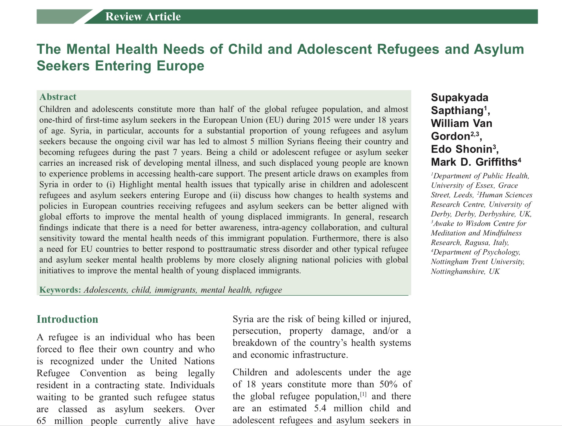 The Mental Health Needs of Child and Adolescent Refugees and Asylum ...